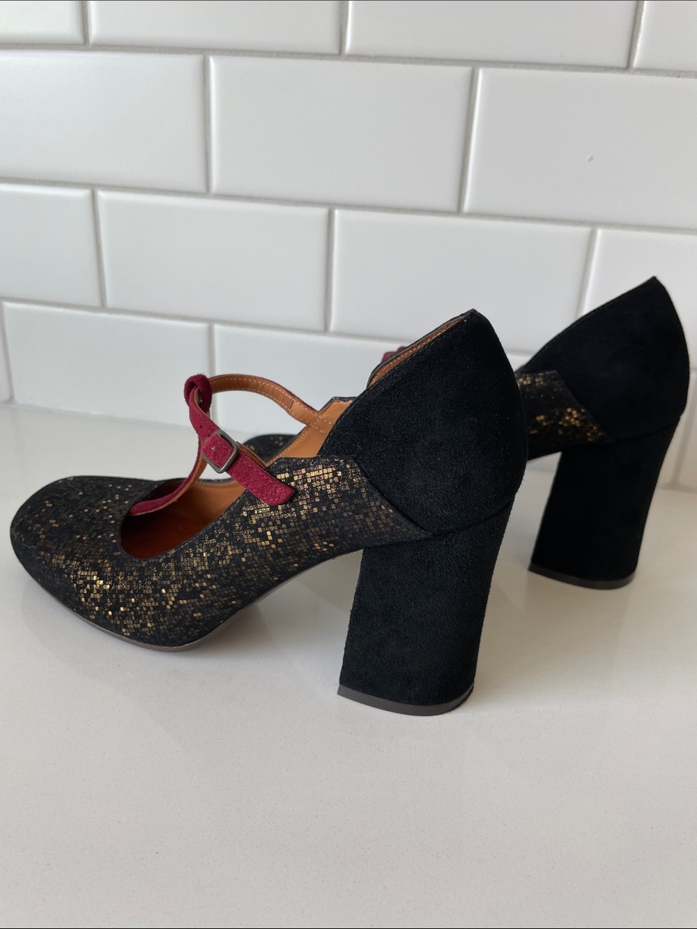 Chie Mihara Black Glitter Mary Jane Heels with Wine Pink Strap • Size 37 - Picture 6 of 16
